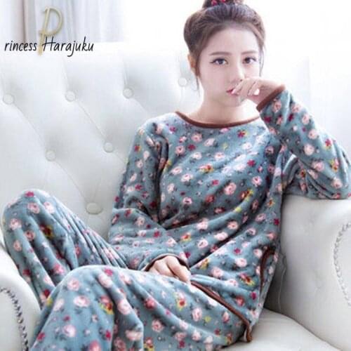 Kawaii Animal New Pajamas Women Fall/winter 2 Piece Pajamas Suit Women Flannel Round Neck Pajamas Comfortable Home Wear Pajamas