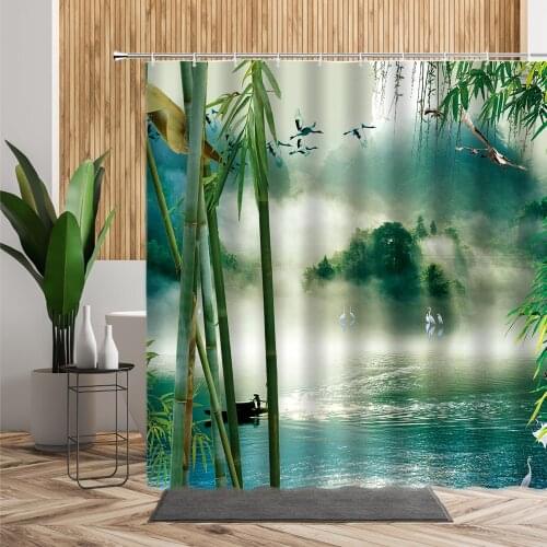 Chinese Landscape Shower Curtain Bamboo Birds Lake Bathroom Bath Decor 3D Modern Spring Backdrop Fabric Living Room Curtains Set