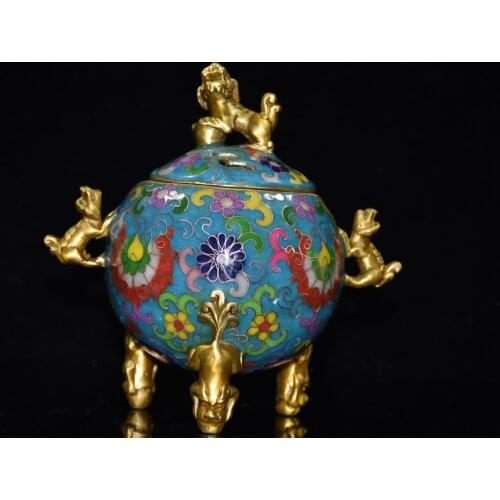 7"Chinese temple collection Old Bronze Cloisonne Enamel Lion statue Binaural Three-legged incense burner Ornaments Town House