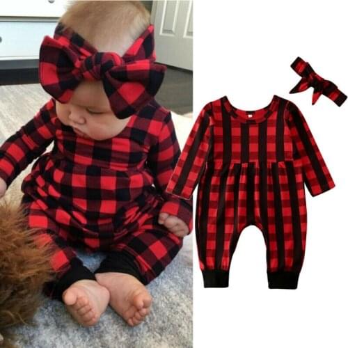 Newborn Toddler Baby Girls Romper Jumpsuit Clothes Outfits Playsuit[Red Plaid Romper + Headband 0-18 Months