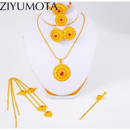 Ethiopian jewelry sets for Women hair chain necklace Clip ring hairpin Habasha bracelet Set African wedding gifts