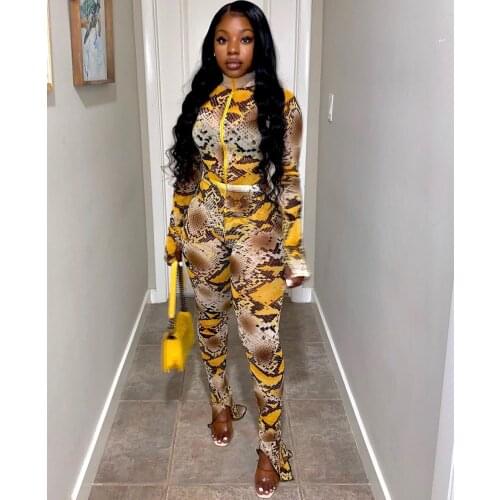 Echoine Autumn Sexy Skinny Zipper Top Pants Set Yellow Snake Skin Print Tracksuit Women Sportwear Streetwear Winter Outfits