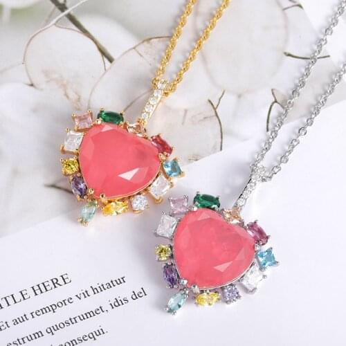Colorful Pretty Stones Necklace Wedding Jewelry Big Pink Heart Crystals Necklace Women Best Bridesmaid Gifts