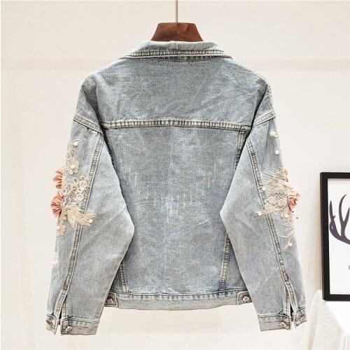 Autumn Women Flower Embroidery Loose Fit Denim Jacket Short Long Sleeve Fashion Ladies Hip Hop High Street Jean Outerwear Coat