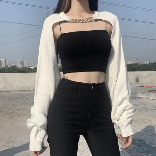 Korobov 2021 New High Street Women Cardigan Korean Streetwear Chains Long Sleeve Cardigans Autumn Sexy Cropped Knit Cardigan