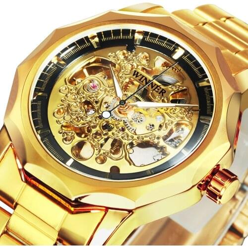 WINNER Official Automatic Mechanical Watch Men Luxury Golden Rich Steel Strap Skeleton Business All Match Classic relogio 2020