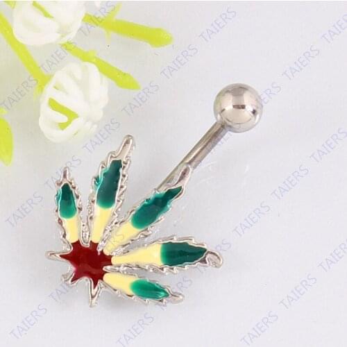 Belly button ring Multicolor leaf body piercing jewelry fashion lady navel ring Retail 14G 316L surgical steel bar Nickel-free