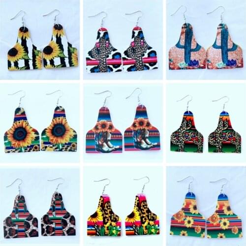 Leopard & Serape Cactus Earrings Sublimation Country Cow Tags Earrings Western Cowboy Sunflower Leather Teardrop Earrings