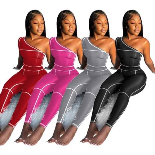 Activewear Solid Striped Jumpsuit Women Summer 2021 Sexy Off One Shoulder Short Sleeve Casual Leggings Slim Overalls for Women