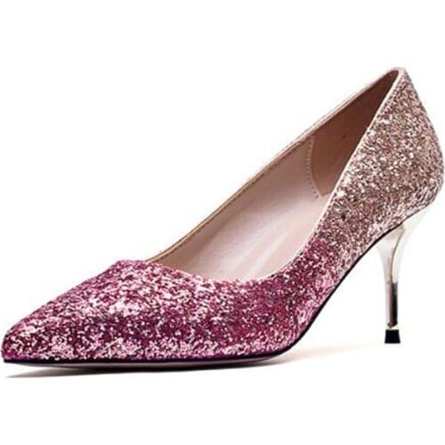 Womens Pumps Thin High Heels Sexy Wedding Sequined Cloth Slip On 5CM 7CM 9CM Pointed Toe Bling Rhinestones Shallow Women Shoes