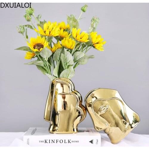 DXUIALOI creative abstract human face electroplating golden ceramic vase housewarming gift home living room desktop flower vase