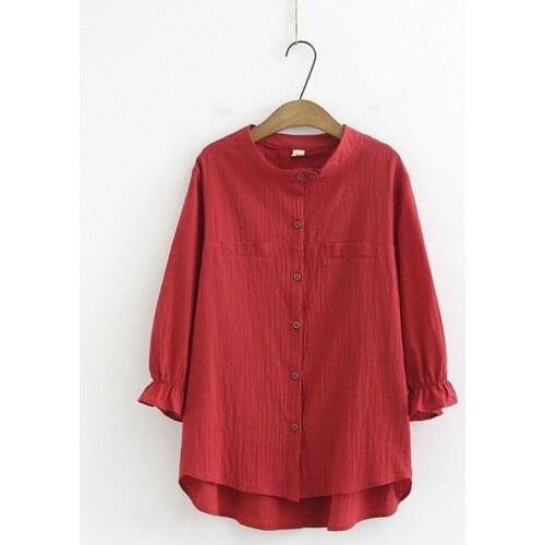 Plus Size Womens XL-4XL Full Cotton Blouse Solid 3/4 Sleeve Spring Summer Blusas Officewear Tops