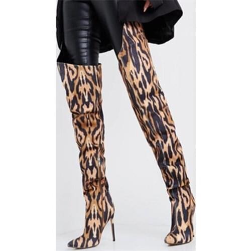 Fashion Leopard High Cut Super Long Women Thigh High Boots Ladys Pointed Toe Side Zip High Heel Boots Big Size 43
