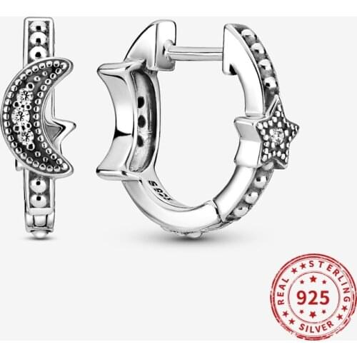 925 Sterling Silver Earring Crescent Moon Stars Beaded Hoop Earrings For Women Birthday Party Fine Jewelry Gift 2021