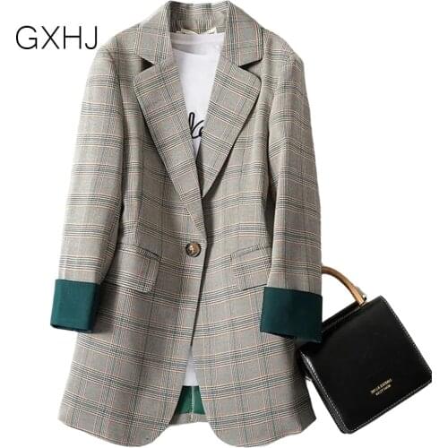 L-5XL Women Retro plaid blazer Office Ladies Women Blazer Autumn Jacket 2021 Casual Pockets Female Suits Coat LHJ296