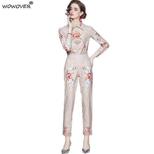 Spring Women Runway Two Piece Set 2021 New Designers Floral Crown Print Blouse and Pants Suit Vintage Work Outfits