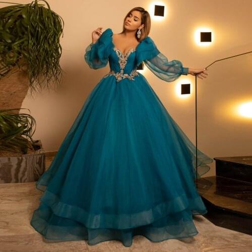 Elegant Teal Tulle Formal Event Party Dresses See Thru Puff Sleeves A-line Long Mesh Tutu Bridal Dresses Women Beads Prom Gowns