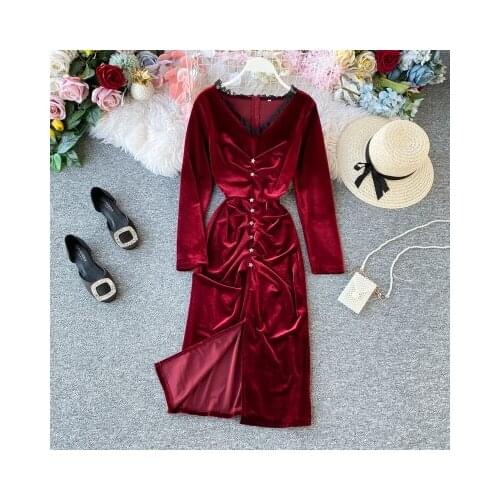Vintage Velvet V-neck Dress New Spring Slim French Retro Slit Sexy Female Streetwear Button Folds Waist Lace Party Thick Dress