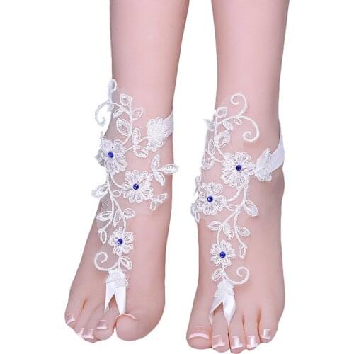 1 Pair Blue Crystal White Lace Wedding Barefoot Sandals Anklets Shoes With Toe Sandbeach Bridal Beach Bridesmaid Foot Jewelry