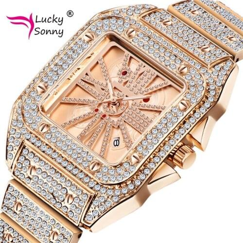 Lucky Sonny Hip Hop Diamond Watch for Men Luxury Brand Square Watches Minimalist Analog Quartz Movt Unique Male Iced Out Watch