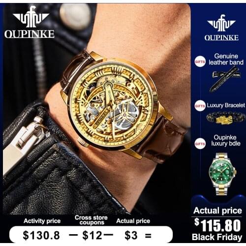 OUPINKE Watch Hollow Skeleton Automatic Mechanical Genuine leather Top Brand Luxury Business WristWatch Reloj de los hombres