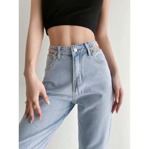 Ins Personality Waist Openwork Jeans Womens Spring 2021 New European and American Wind Waist Straight Casual Pants DLZK231