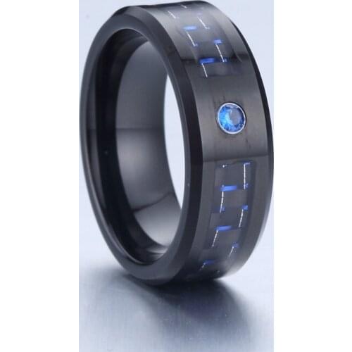 Classic black carbon fiber Blue Stone Tungsten ring men jewelry 8mm LOVE Alliances wedding Couple rings Wholesale