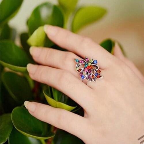Hot Sale Color imitation crystal peacock butterfly ring tide three-dimensional hollow retro index finger jewelry