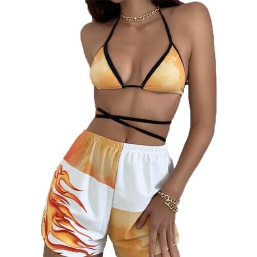 Lace Up Bikini Shorts Split Swimsuit for Women Swimwear 3 piece Bikini Set Swimsuit Cover Up