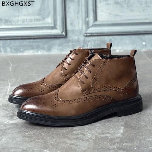 Brown Ankle Boots for Men Male Platform Martin Boots Men Shoes Leather Chunky Boots for Man 2021 Brogue Shoes Men Zapatos Hombre