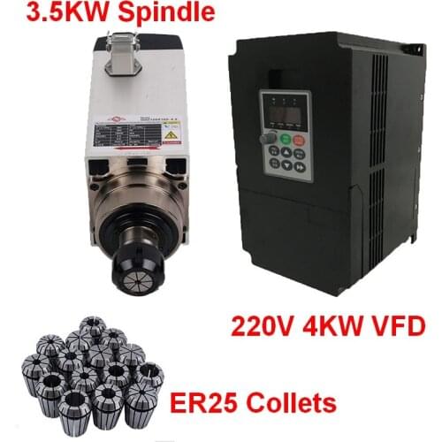 3.5KW 5HP 220V Square Spindle Motor Air Cooled 4 Bearings +4kw VFD inverter + ER25 Collet kit for CNC Engraving machine Router