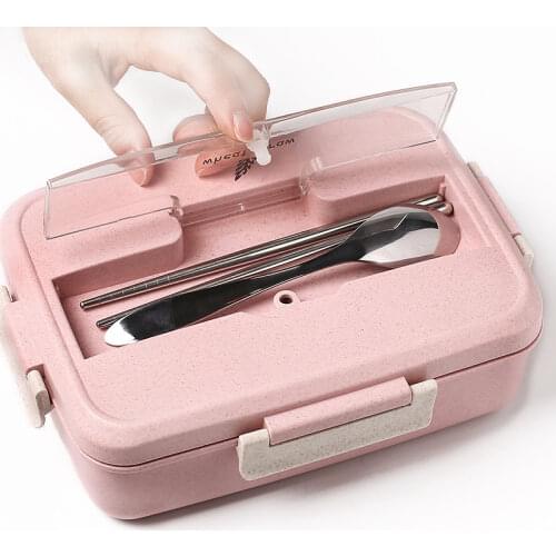 Microwave Lunch Box with Spoon Chopsticks Wheat Straw Dinnerware Food Storage Container Children Kids School Office Bento Box
