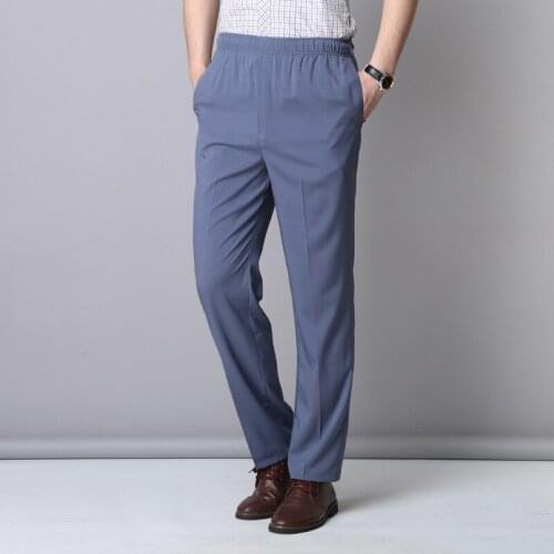 Mens casual pants fitness straight polyester blends long trousers plus size 2019 summer elastic waist black navy white slacks