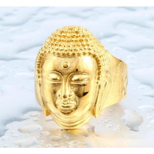 Stainless Steel Vintage Cool Golden Color Shakyamuni Buddha Rings For Men Fashion Jewelry Never Fade
