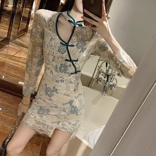 Girls 2021 spring and winter new retro lace long-sleeved bag hip lace crochet split dresses