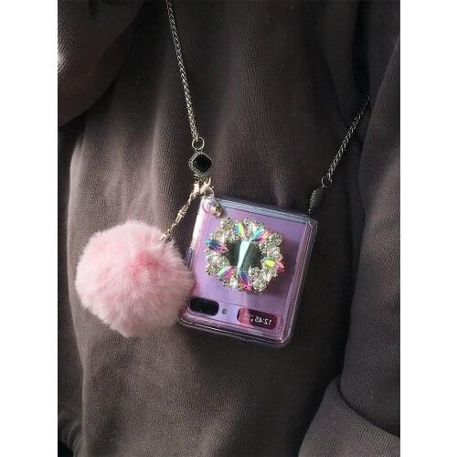 Luxury Glitter Rhinestone Phone Case For Samsung Galaxy Z Flip 5G Bling Shockproof Case With Long Metal Chain For Samsung Z Flip