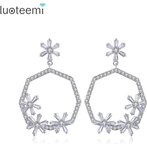 LUOTEEMI BIg CZ Flower Drop Earrings for Women Wedding Engagement Fashion Jewelry Round Pendientes Bijoux Femme Christmas Gifts