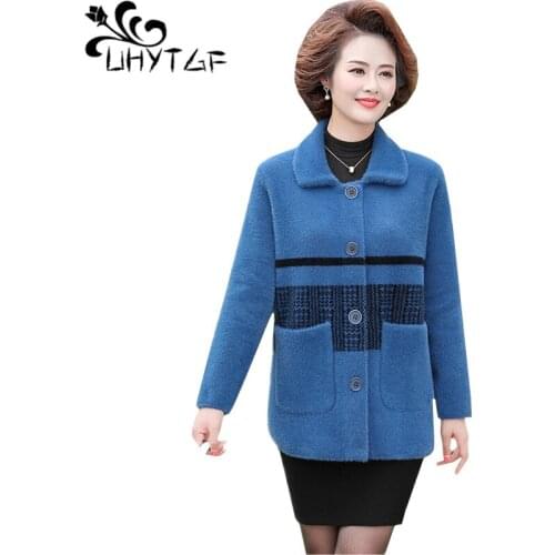 UHYTGF Loose 6XL plus size jackets womens quality mink fleece casual autumn winter wool coat Korean elegant short outerwear 1801