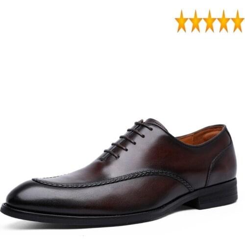 Mens Business Dress Fashion Elegant Pointed Toe Lace Up Vintage Cowhide Genuine Leather Derby Shoes Big Size 44 45 46 47