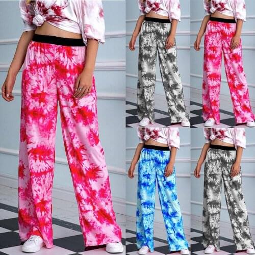 Spring and Autumn Tie-dye Printing Elastic Waist All-match Straight Casual Wide-leg Pants Casual Loose Plus Size Womens Pants