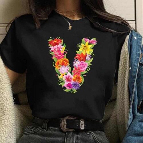 Maycaur Women T Shirt New Custom Name Letter Combination Printing Tshirt Flower Letter Font A B C D Short Sleeve Ladies T-Shirts