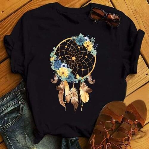 Womens T-shirt Cartoon Flower Dreamcatcher T-shirt Harajuku O-neck Black Top Womens Kawaii Street Summer Casual Clothes