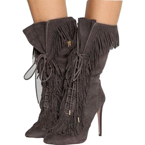 Hot Selling Suede Fringed Lace-up High Heel Boots 2019 Pointed Toe Thin Heels Ankle Boots Woman Sexy Riding Boots Tassel Boots