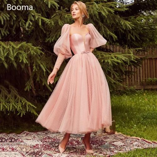 Booma Peach Dotted Tulle Prom Dresses Long Puff Sleeves Deep Neckline Prom Gowns Open Back Tea-Length Party Dresses Lace Up