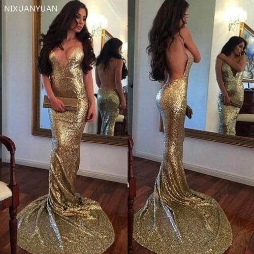 Rose Gold 2021 Prom Dresses Mermaid Deep V-neck Backless Sequins Sexy Party Maxys Long Prom Gown Evening Dresses Robe De Soiree