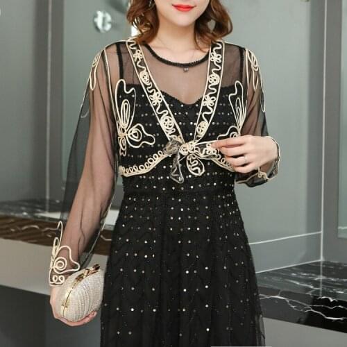 Fashion Vintage long sleeve Embroidery Belt Plant pattern mesh black white beige summer women short Ponchos And Capes 9922