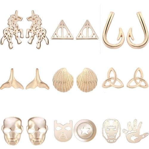 Cxwind Mix Gold Earrings Trendy Geometric Triangle Shell Palm Tail Mask Stud Earrings for Women Girl Fashion Piercing Jewelry