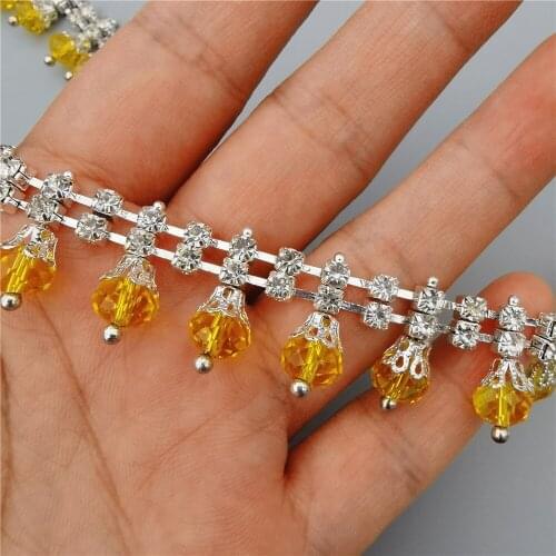 1 feet Silver Rhinestone Crystal Chain Gemstone Saffron Glass Drop Collar Trim Crystal Wedding Dress Necklace Decoration W: 20mm