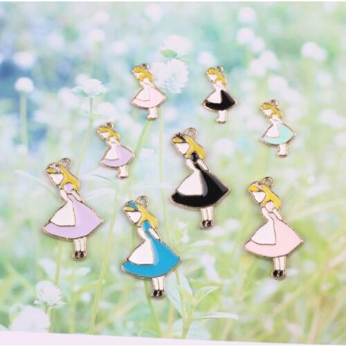 10pcs Girl Alice Enamel Charms Pendant Oil Drop Maid Alice Girl Alloy Charm Floating DIY Earring Jewelry Accessory 2 Sizes FX023