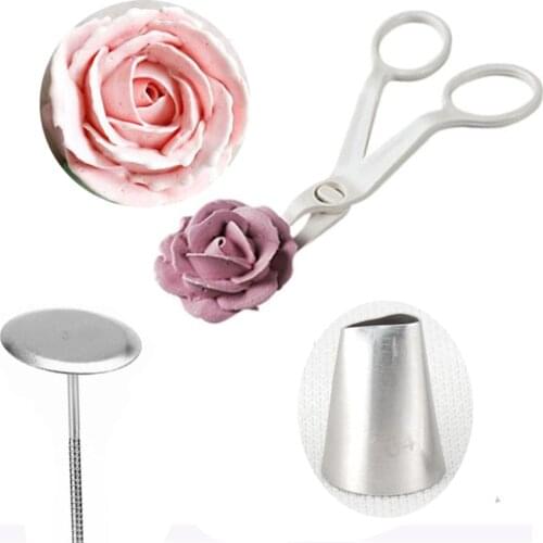 3Pcs/set Flower Scissor+Cake Decorate Tray +1pc #104 Rose Nozzle Nail Decor Lifter Fondant Cream Transfer Baking Pastry Kitchen